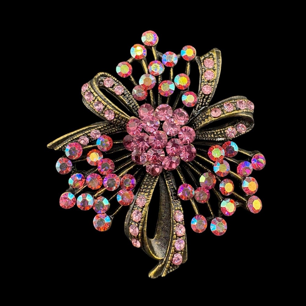 Vintage Pink Floral Brooch Juliana Style Rhinestone Aurora Borealis Brass Tone